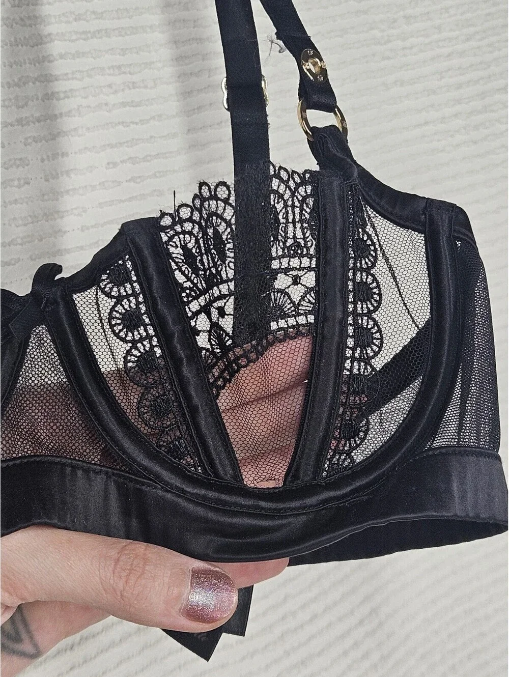 honey birdette Miss Soo Bra 10C 32C Black Boned Balconette Satin Lace Rare Luxe